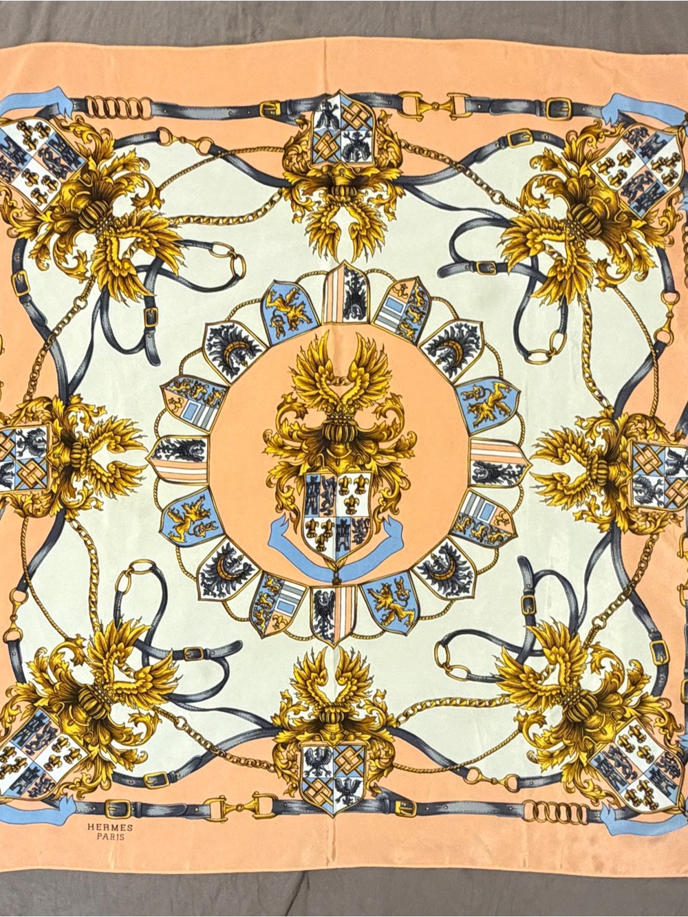 Hermès Silk Scarf in Peach, Gold & Blue
